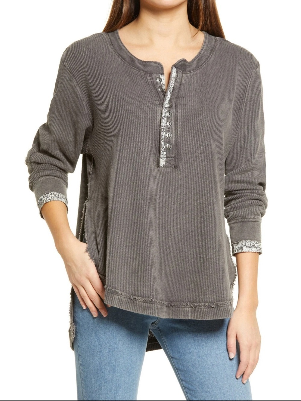 Free People We The Free Fall For You Thermal Henley Top Gray Oversized Large